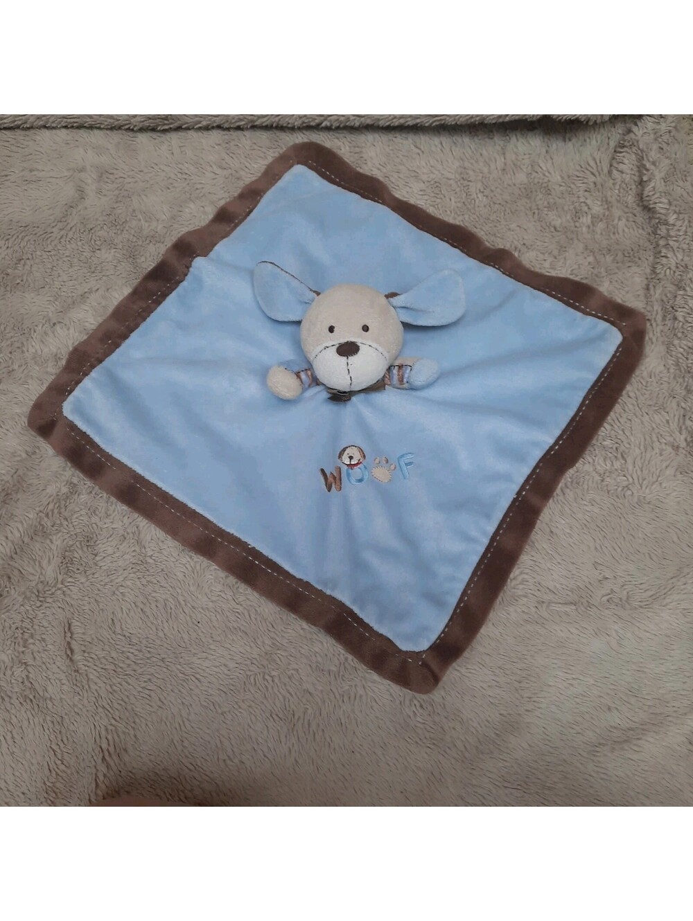 Carters Puppy Dog Security Blanket Baby Lovey WOOF Blue Brown Plush Rattle